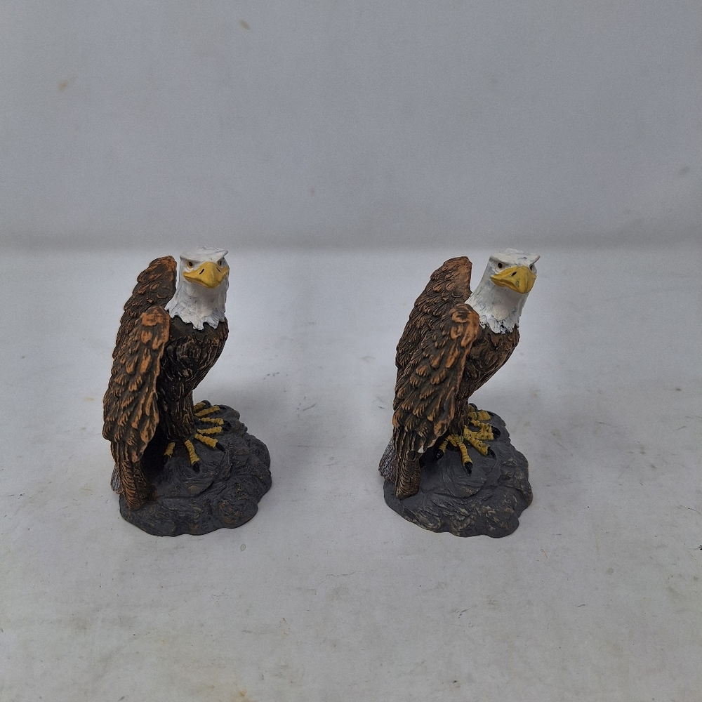 Bald Eagle Set Of 2 Resin Figurines Birds On Rock Matching Wings Open American